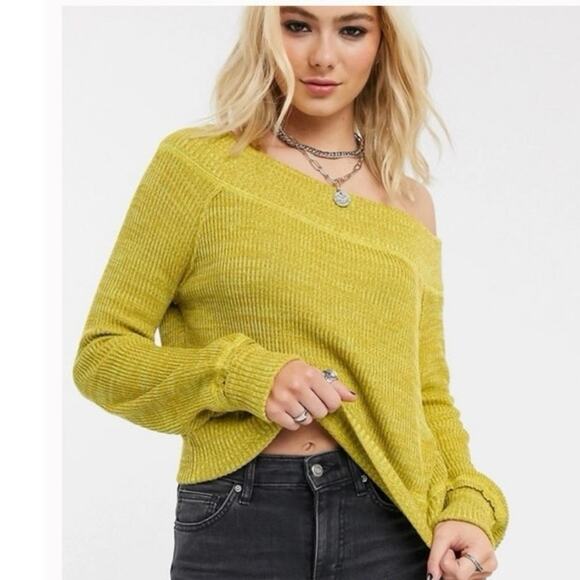 Free People Women’s M Sugar Rush Mustard Yellow Off Shoulder Sweater Ribbed Knit - Picture 1 of 8